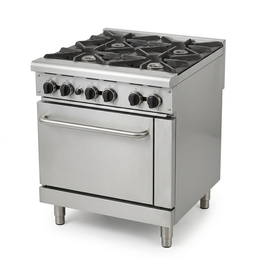 Cocina industrial de cuatro quemadores, imagen de muestra generada con IA