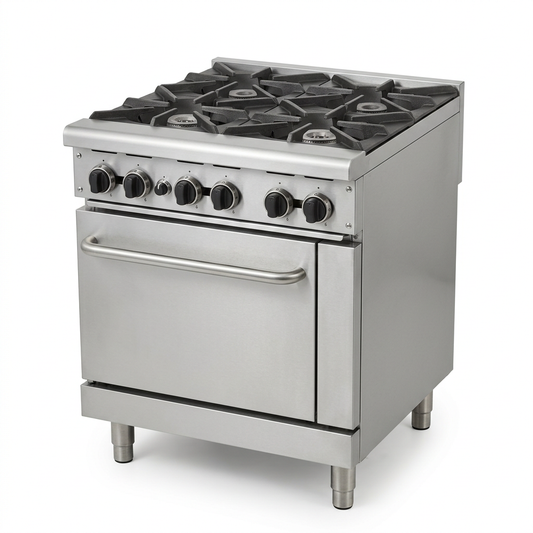 Cocina industrial de cuatro quemadores, imagen de muestra generada con IA