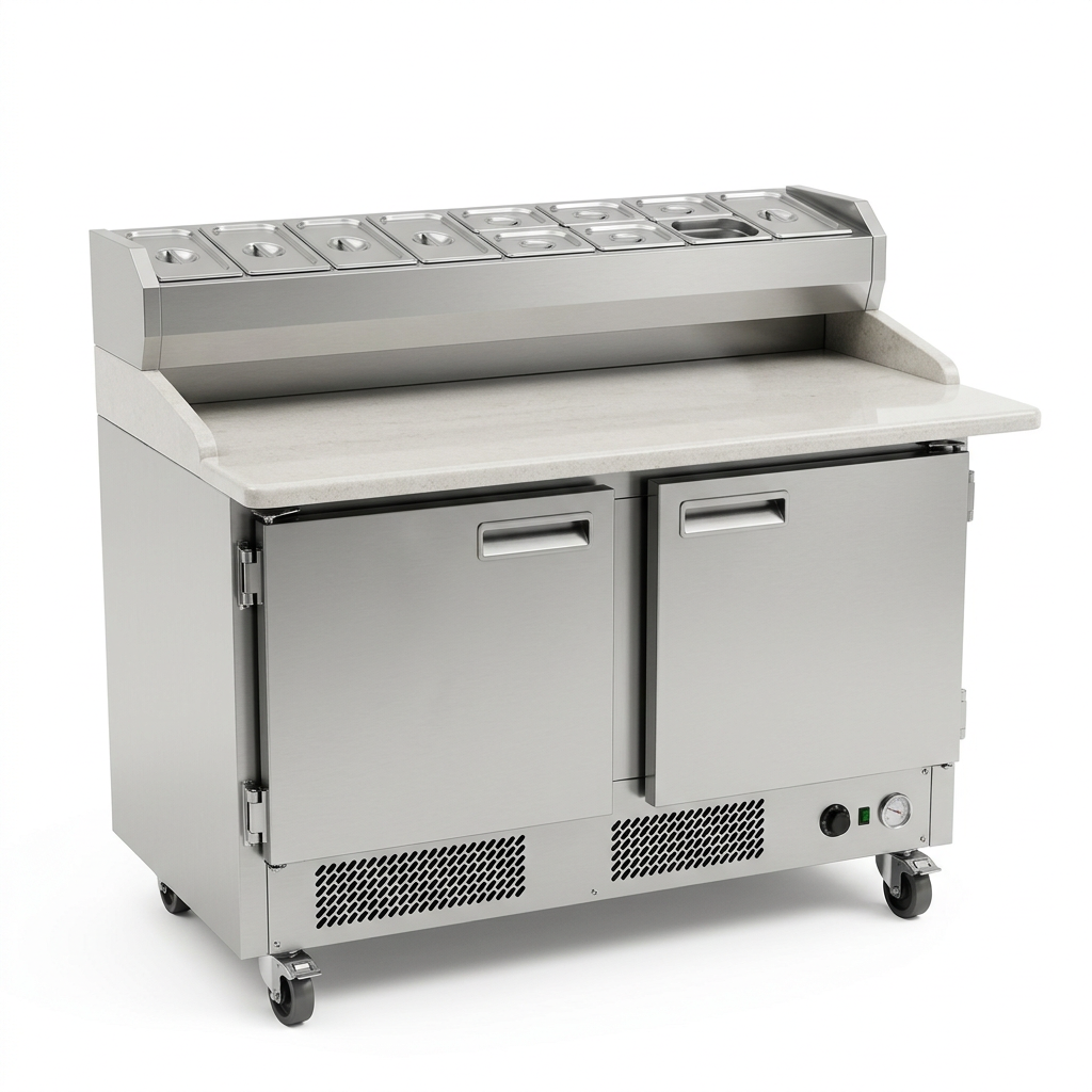 Mesa refrigerada para pizza de muestra generada con IA