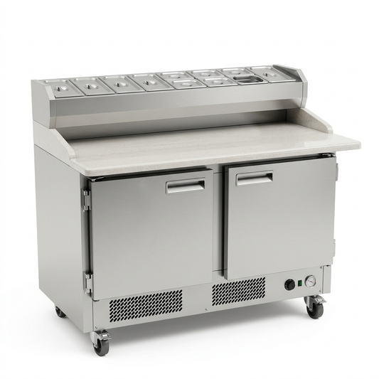 Mesa refrigerada para pizza de muestra generada con IA